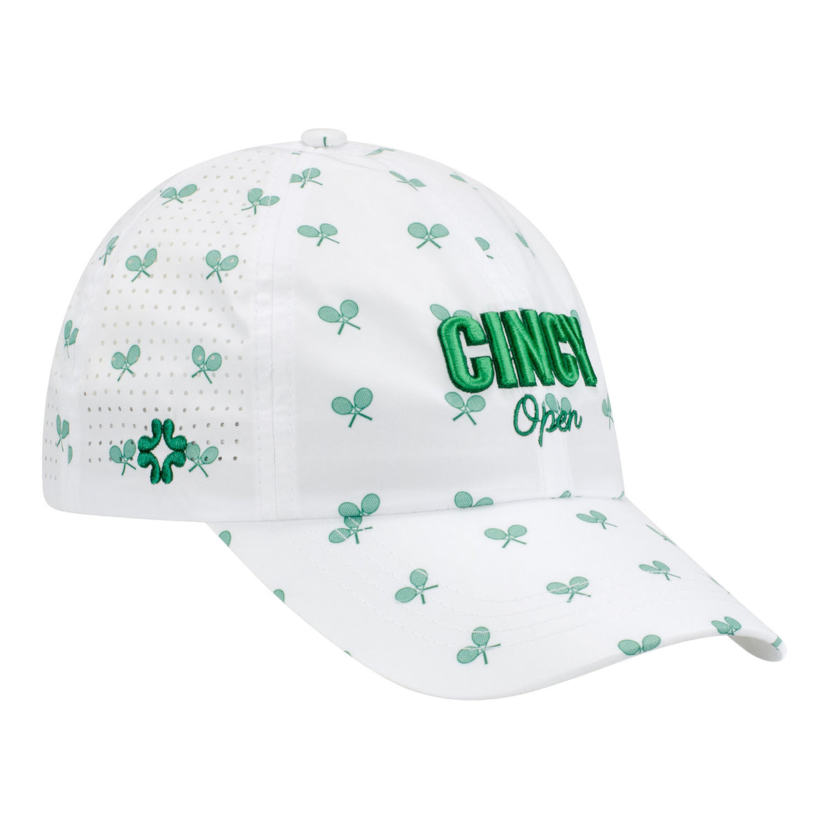 Vimhue Cincinnati Open Ladies Sun Goddess Crossed Racket Hat in White and Green - Front Right