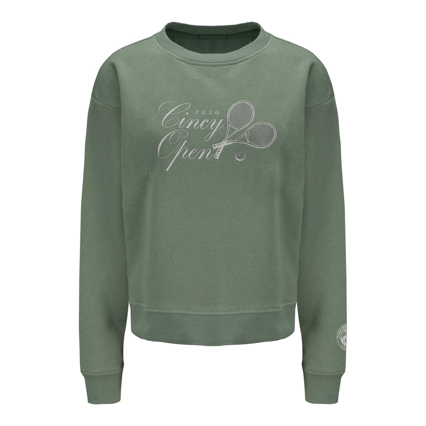 Ahead Cincinnati Open Women's Crossed Racket Crewneck Sweatshirt in Light Pine Green - Front View