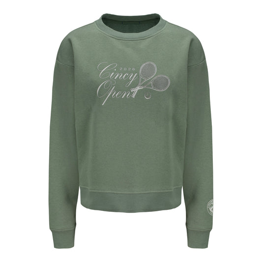 Ahead Cincinnati Open Women's Crossed Racket Crewneck Sweatshirt in Light Pine Green - Front View