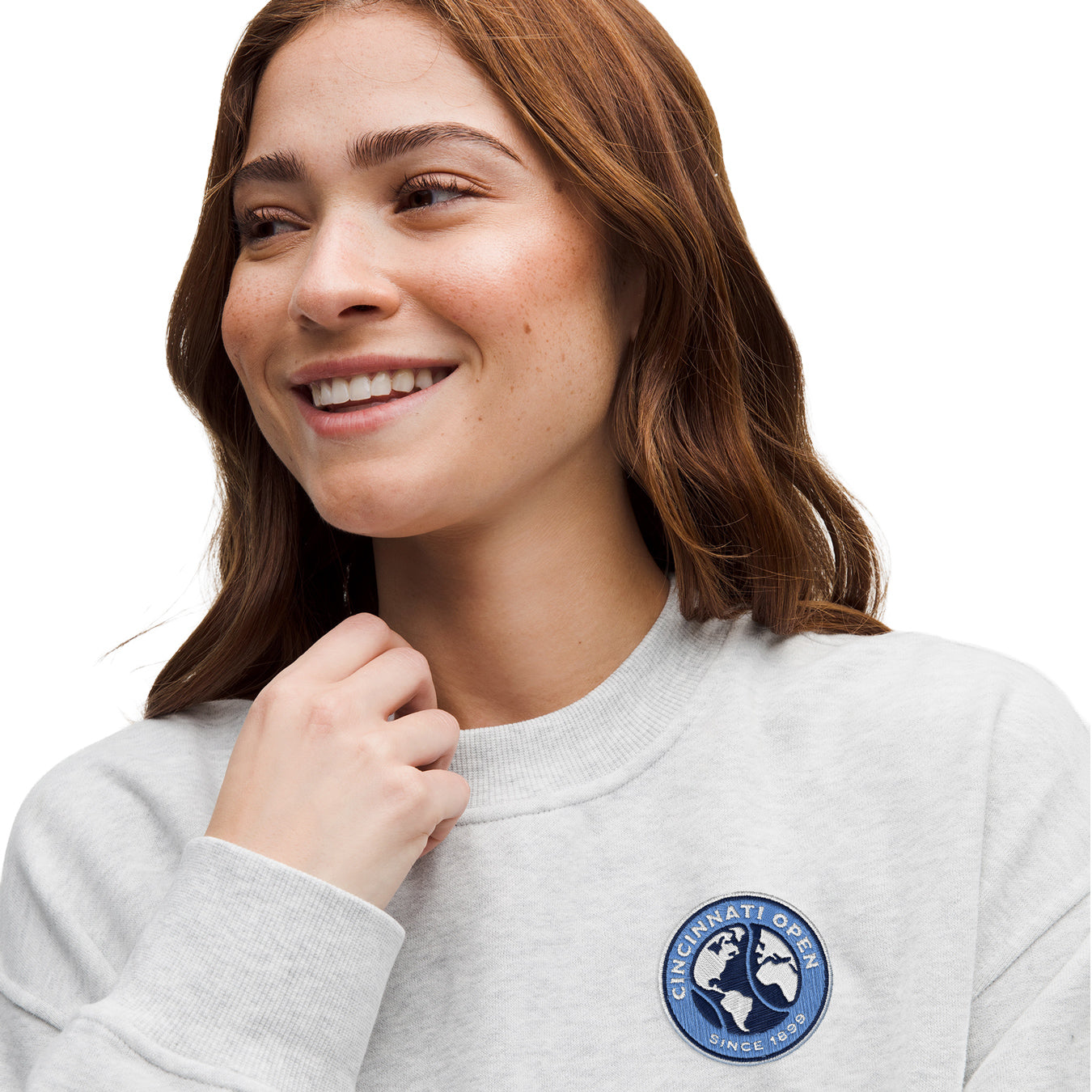 lululemon Cincinnati Open Women's Steady State Crew in Heathered Core Light Grey - Modeled Close