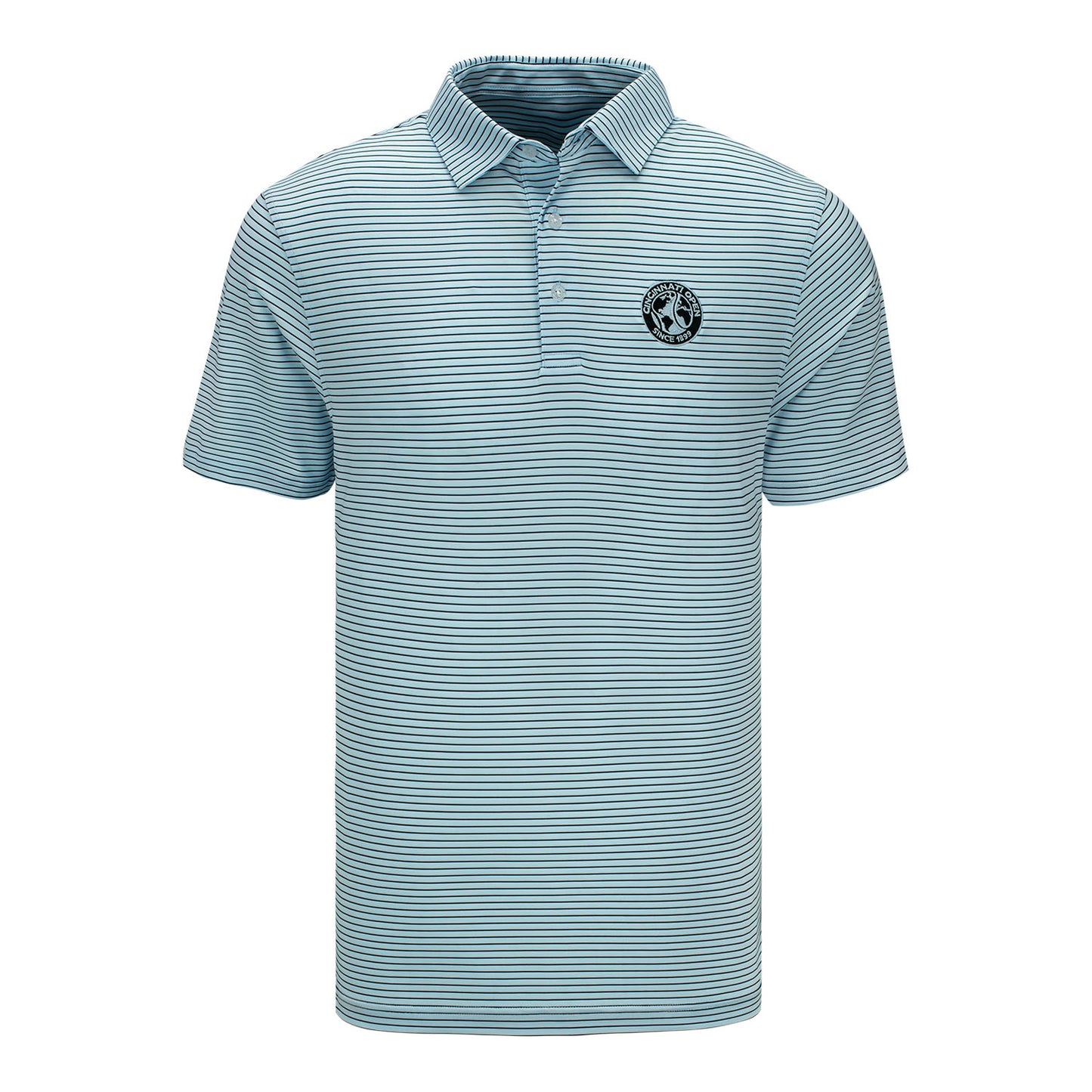 Straight Down Cincinnati Open Channel Stripe Polo in Nantucket Blue - Front View
