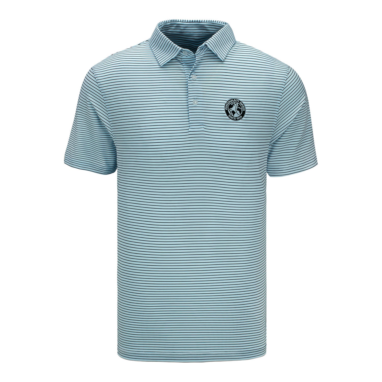 Straight Down Cincinnati Open Channel Stripe Polo in Nantucket Blue - Front View